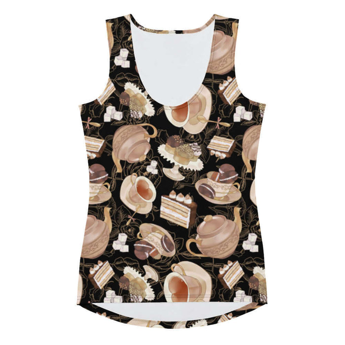 Latte kawaii Café tank top with heart-shaped teacups and tiramisu cake