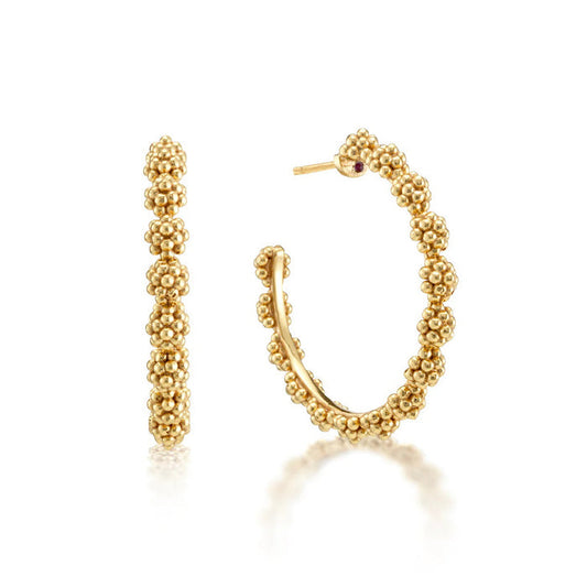 CAPUCINE DE WULF - BERRY ICON MEDIUM HOOP EARRINGS: Handmade 18K gold hoops featuring intricate beaded clusters, displayed from side and angled views against a white background.