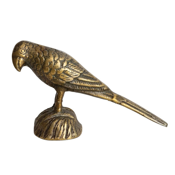The CREATIVE COOP CAST ALUMINUM BIRD figurine features detailed feathers, a long tail, and an antique metallic finish. Standing on a textured base, it's the perfect decorative accent to enhance your home décor.