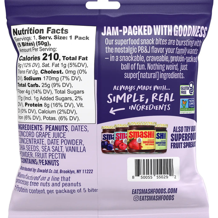 CHIA SMASH’s Peanut Butter and Concord Grape Snack Bites offer a protein-rich, gluten-free, vegan treat with 8g of protein. Made with upcycled fruit, the packaging features a plum and snack bite image.
