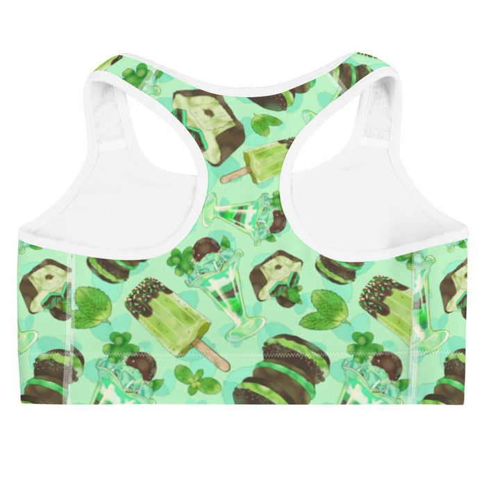 Choco Mint kawaii sports bra in mint with layered mint parfaits and chocolate-dipped mint squares