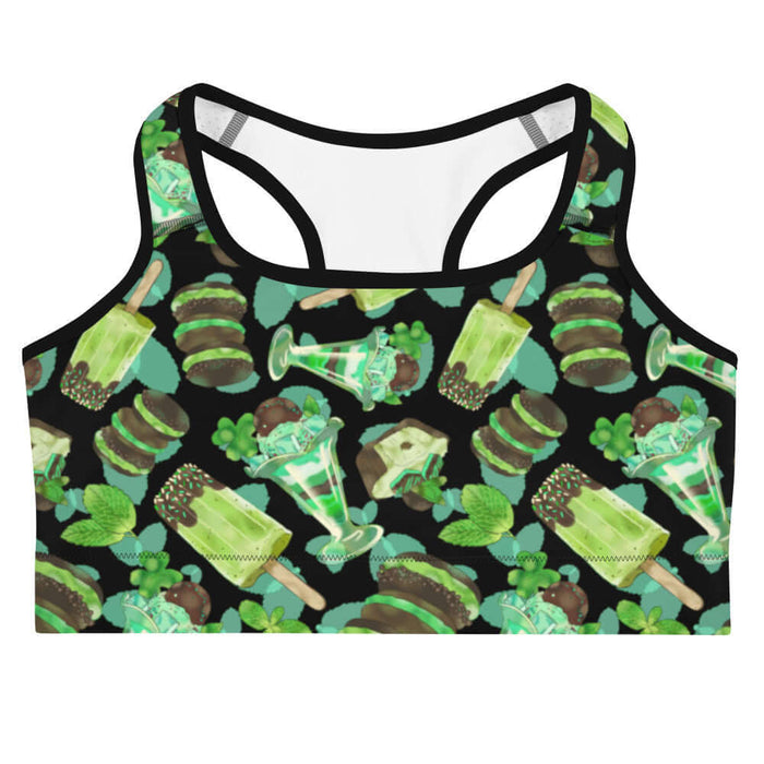 Choco Mint kawaii sports bra in mint with chocolate-dipped popsicles and fresh mint leaves