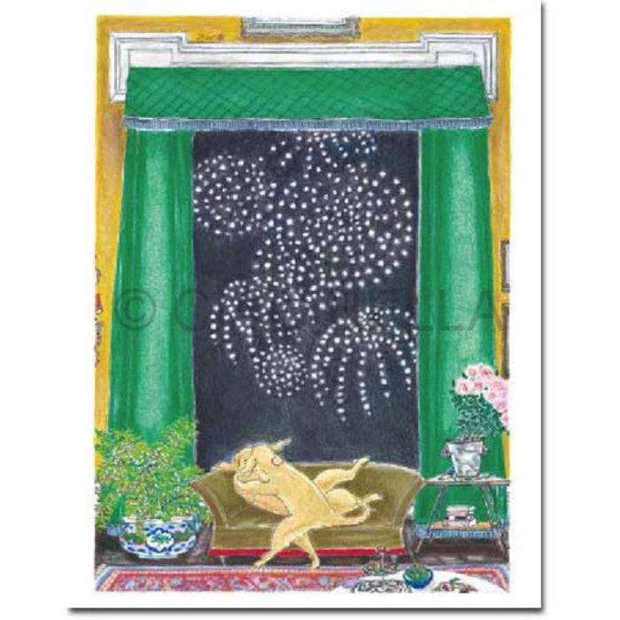 A happy dog relaxes on a green sofa, watching fireworks through a window with green curtains and houseplants, while the CIAO BELLA - A KISS TO BUILD A DREAM ON CARD by CIAO BELLA and its envelope rest nearby.