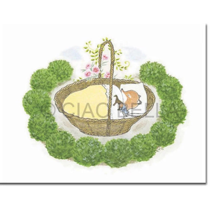 The CIAO BELLA - BABY IN THE BOXWOOD CARD by CIAO BELLA features a small orange mouse on a pillow in a wicker basket with a leafy handle, surrounded by greenery and flowers, and includes a blank note card nearby.