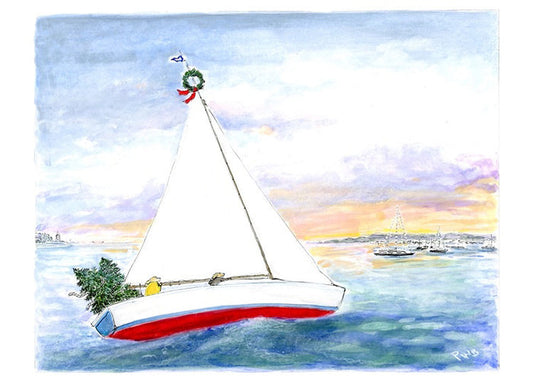 A sailboat with a red hull and white sails glides through the sunset waters, resembling the "CIAO BELLA - INTO THE GLOAMING GREETING CARD." Festive decorations and a Christmas tree adorn it, with other boats silhouetted against a colorful sky.