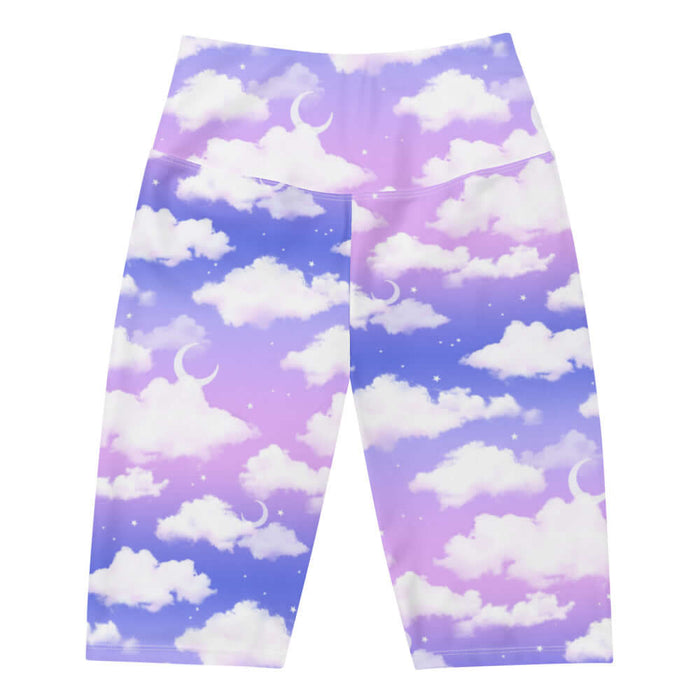 Cloudy Sky kawaii biker shorts with puffy white clouds and crescent moons on a pastel sky
