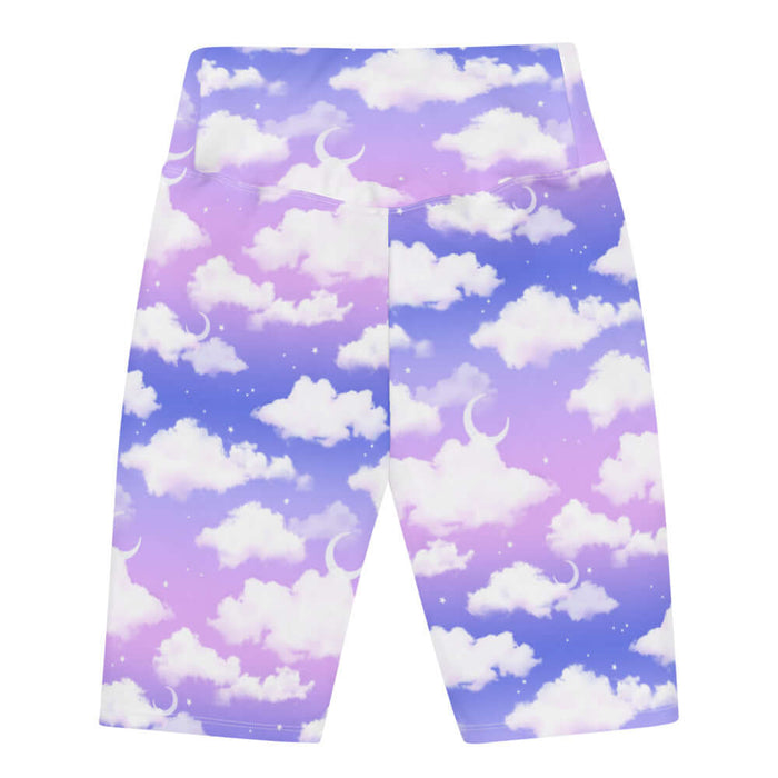 Cloudy Sky kawaii biker shorts with crescent moons and scattered stars on a pastel sky