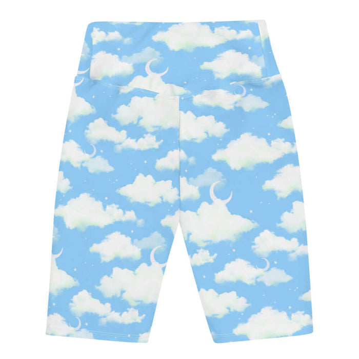 Cloudy Sky kawaii biker shorts with fluffy clouds and a crescent moon on a pastel sky