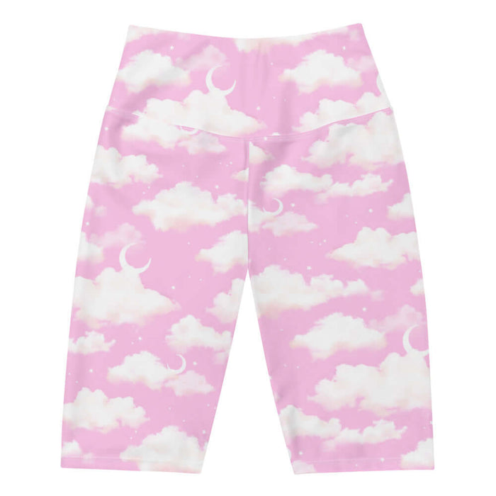 Cloudy Sky kawaii biker shorts in pink with puffy clouds and sprinkled stars