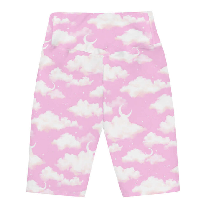 Cloudy Sky kawaii biker shorts in pink with crescent moons and soft clouds