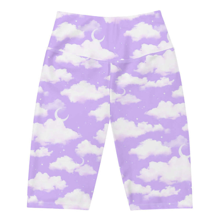 Cloudy Sky kawaii biker shorts in purple gradient with white clouds and tiny stars