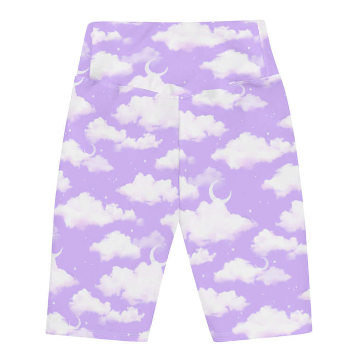 Cloudy Sky kawaii biker shorts with fluffy cumulus clouds and crescent moons on a pastel sky