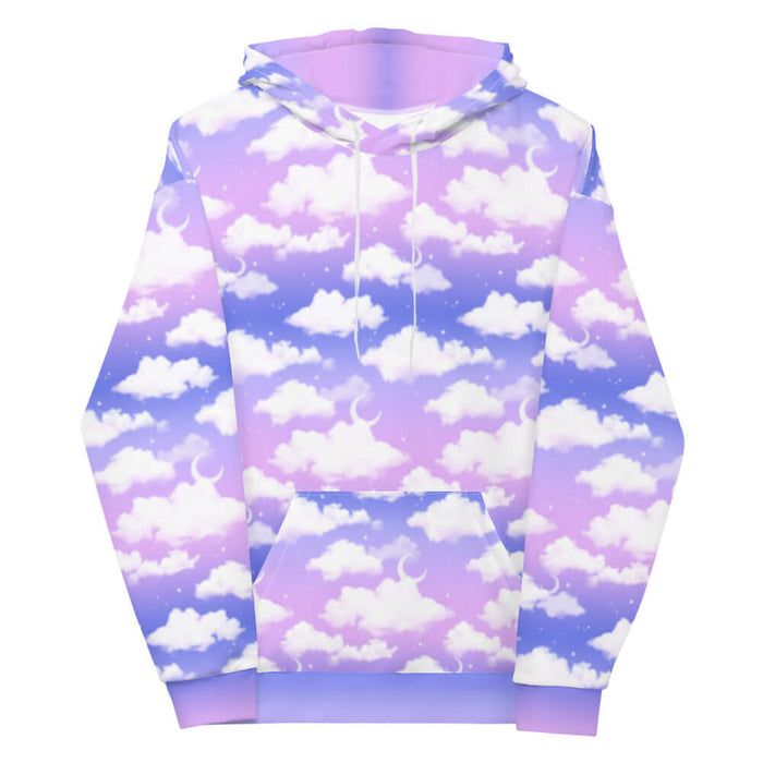 Cloudy Sky kawaii hoodie in purple gradient with puffy white clouds and crescent moons