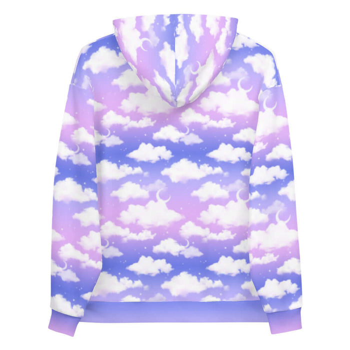 Cloudy Sky kawaii hoodie in purple gradient with crescent moons and scattered stars