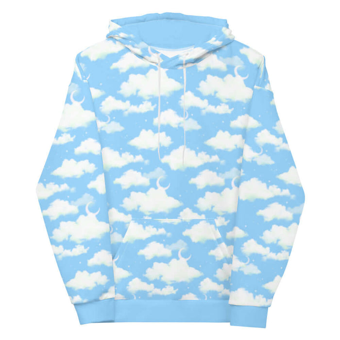 Cloudy Sky kawaii hoodie in blue with drifting clouds and tiny stars