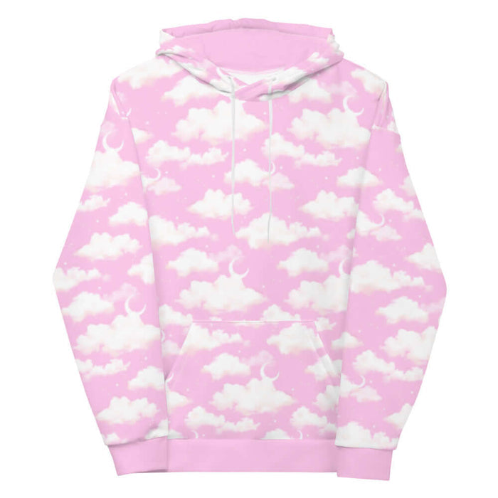Cloudy Sky kawaii hoodie in pink with puffy clouds and sprinkled stars