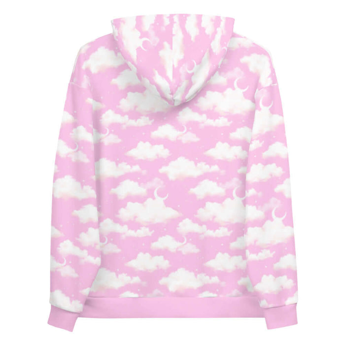 Cloudy Sky kawaii hoodie in pink with crescent moons and soft clouds