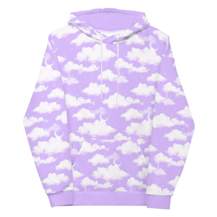 Cloudy Sky kawaii hoodie in purple gradient with white clouds and tiny stars