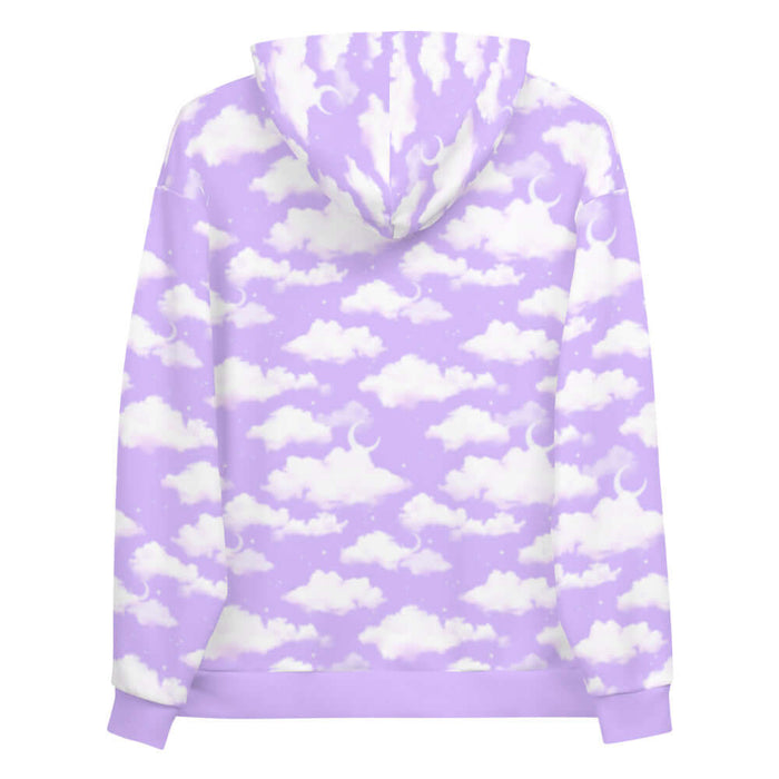 Cloudy Sky kawaii hoodie in purple gradient with fluffy cumulus clouds and crescent moons