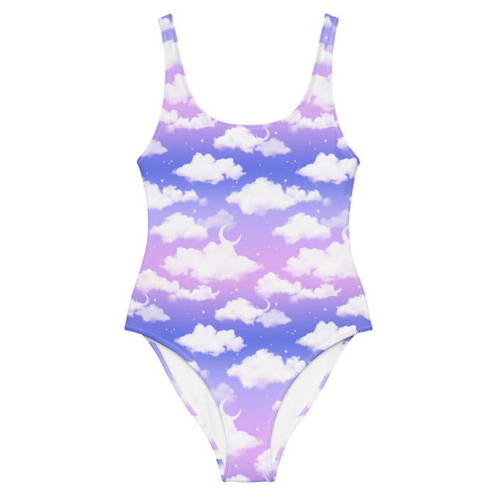 Cloudy Sky kawaii one-piece swimsuit in purple gradient with puffy white clouds and crescent moons