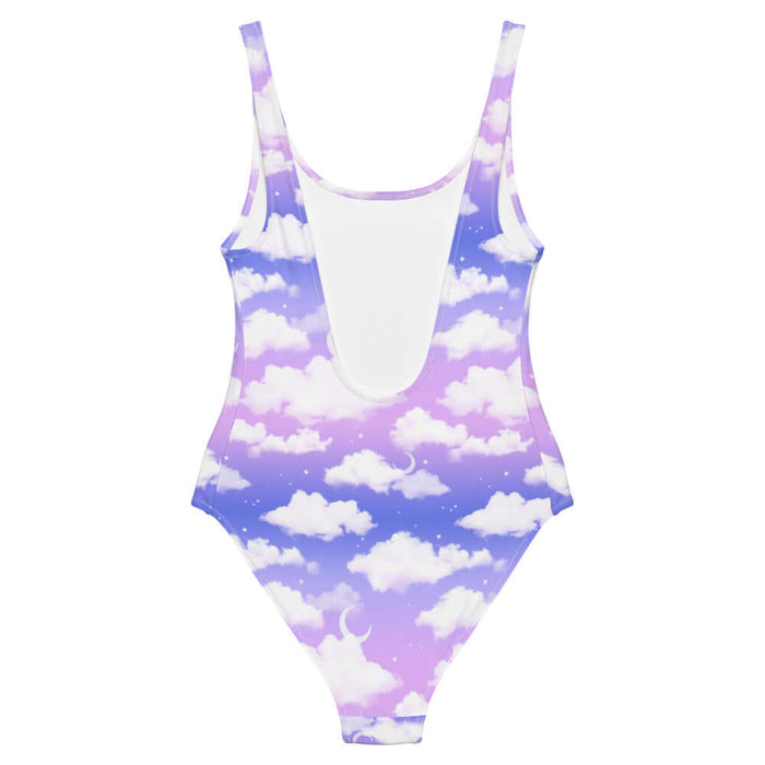 Cloudy Sky kawaii one-piece swimsuit in purple gradient with crescent moons and scattered stars