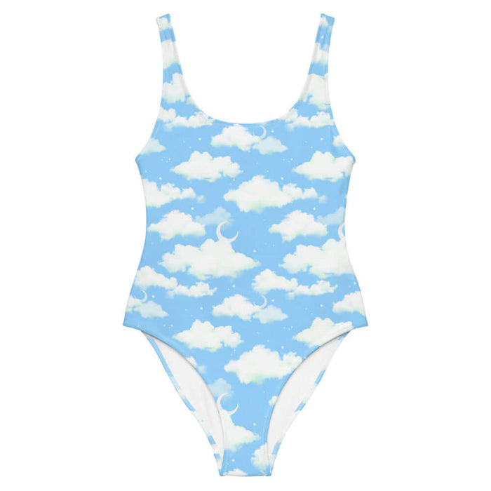Cloudy Sky kawaii one-piece swimsuit in blue with drifting clouds and tiny stars