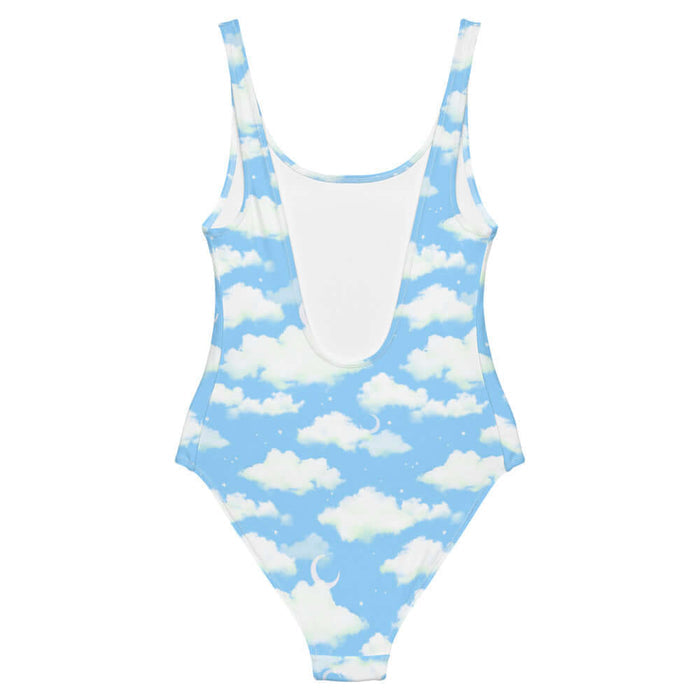 Cloudy Sky kawaii one-piece swimsuit in blue with fluffy clouds and a crescent moon