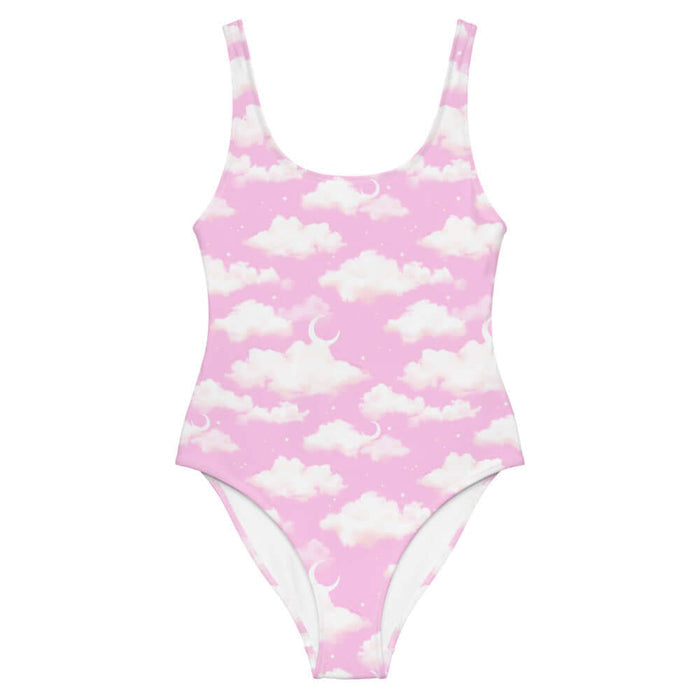 Cloudy Sky kawaii one-piece swimsuit in pink with puffy clouds and sprinkled stars
