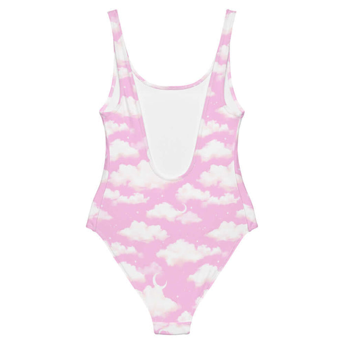 Cloudy Sky kawaii one-piece swimsuit in pink with crescent moons and soft clouds
