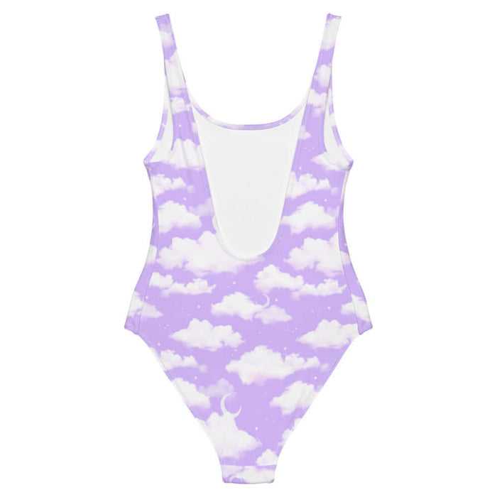 Cloudy Sky kawaii one-piece swimsuit in purple gradient with fluffy cumulus clouds and crescent moons