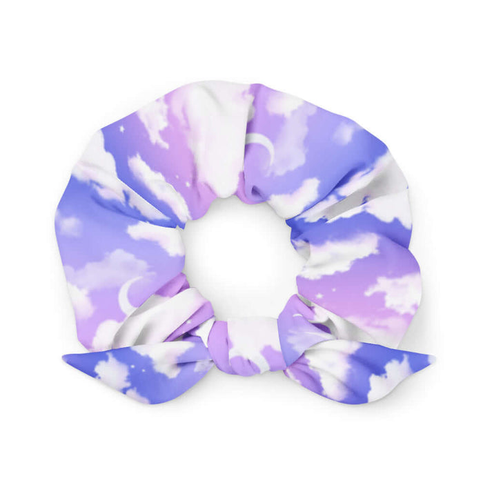 Cloudy Sky kawaii scrunchie with puffy white clouds and crescent moons on a pastel sky
