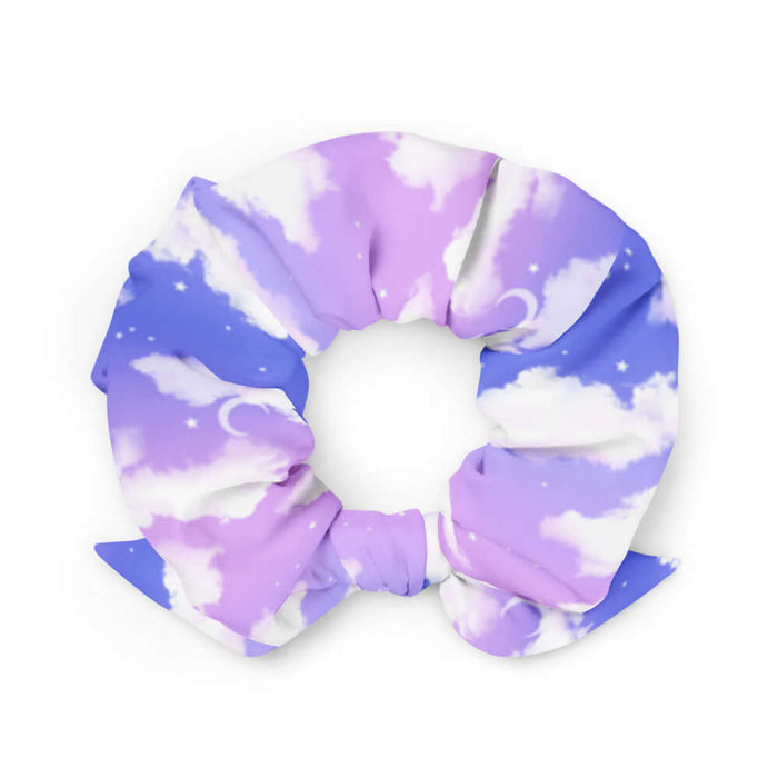 Cloudy Sky kawaii scrunchie with crescent moons and scattered stars on a pastel sky
