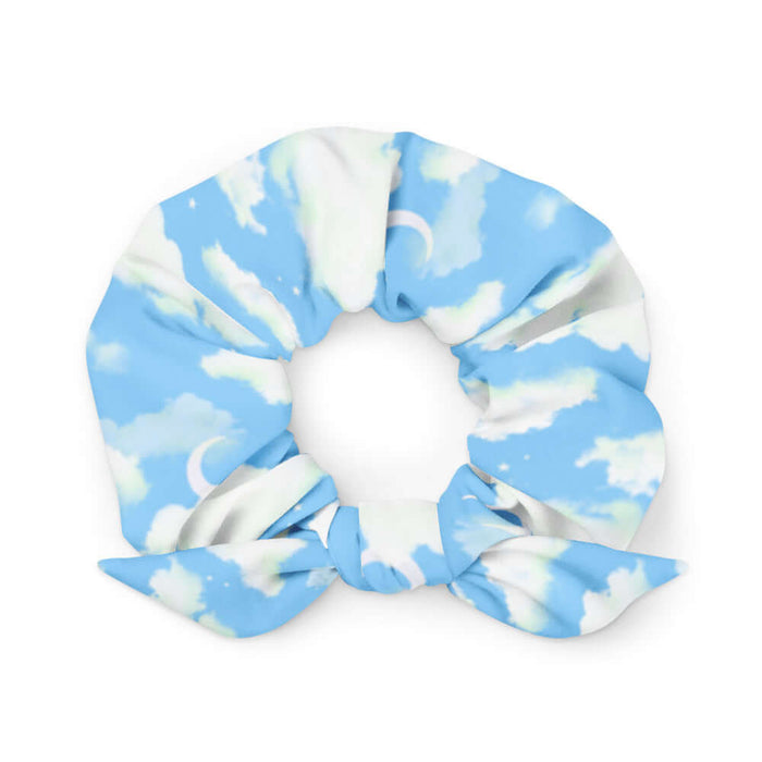 Cloudy Sky kawaii scrunchie in blue with drifting clouds and tiny stars