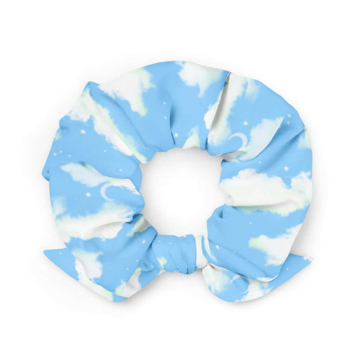 Cloudy Sky kawaii scrunchie with fluffy clouds and a crescent moon on a pastel sky
