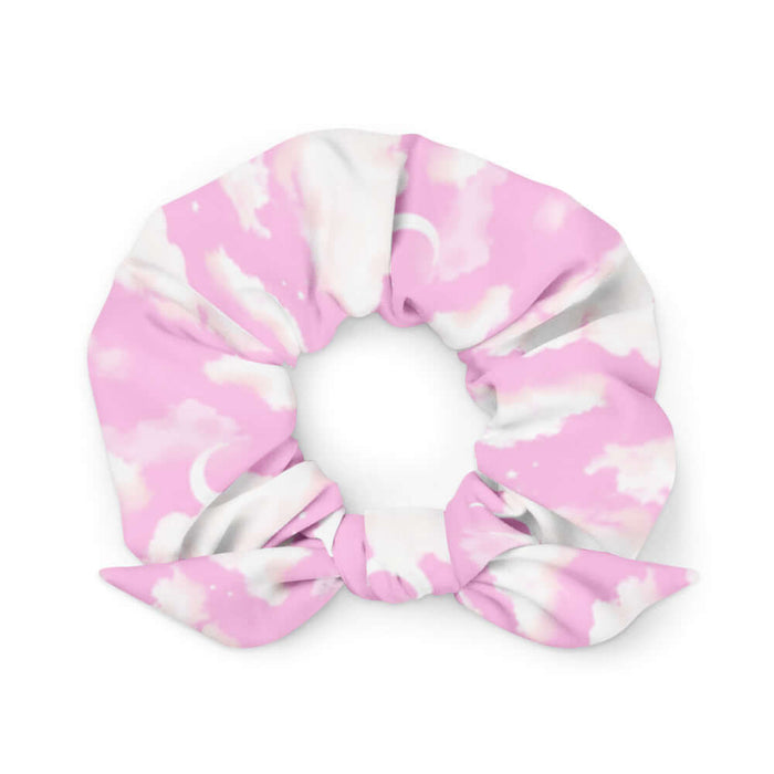 Cloudy Sky kawaii scrunchie in pink with puffy clouds and sprinkled stars