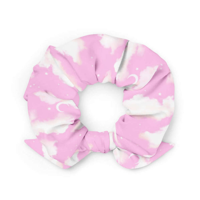 Cloudy Sky kawaii scrunchie in pink with crescent moons and soft clouds
