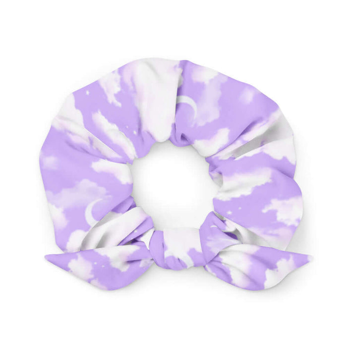 Cloudy Sky kawaii scrunchie in purple gradient with white clouds and tiny stars
