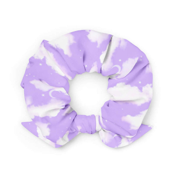 Cloudy Sky kawaii scrunchie in purple gradient with fluffy cumulus clouds and crescent moons