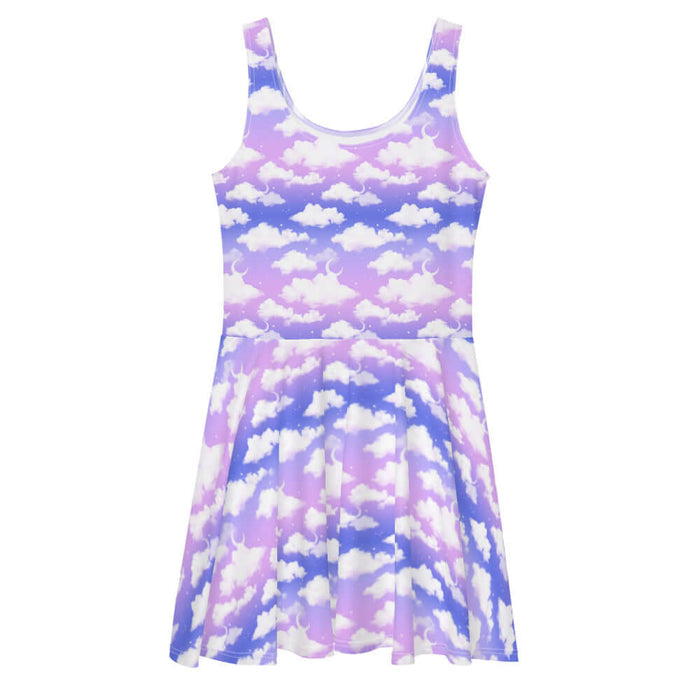 Cloudy Sky kawaii skater dress in purple gradient with puffy white clouds and crescent moons