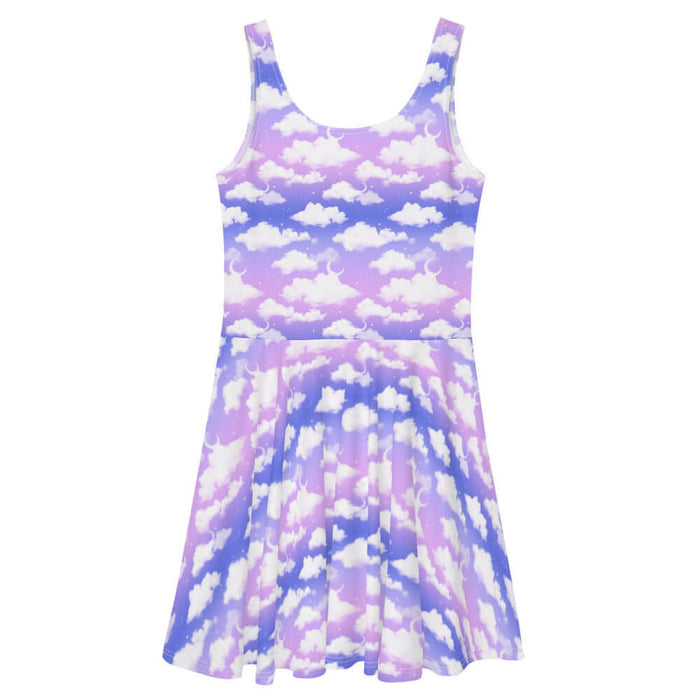 Cloudy Sky kawaii skater dress in purple gradient with crescent moons and scattered stars