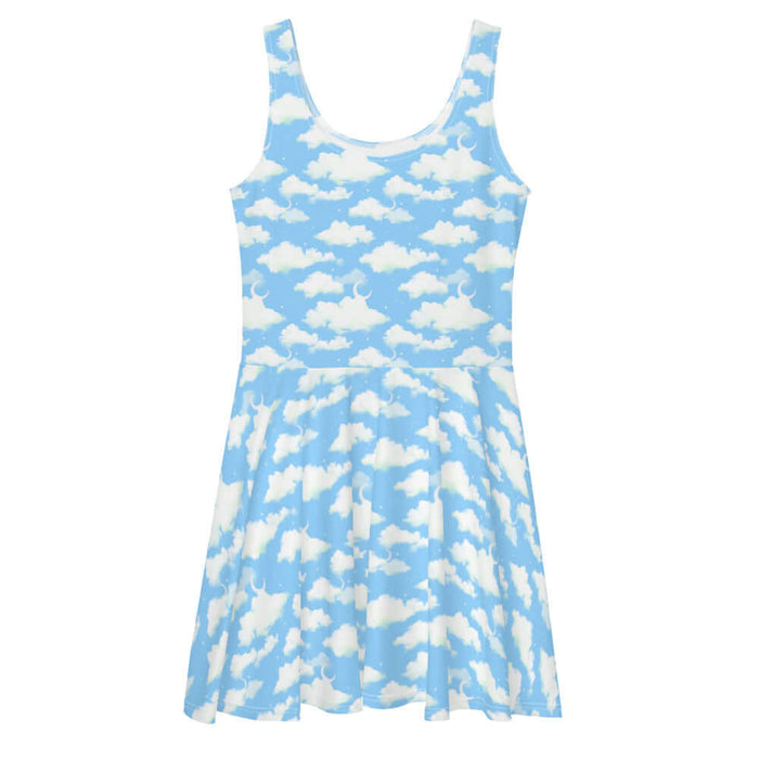 Cloudy Sky kawaii skater dress in blue with drifting clouds and tiny stars