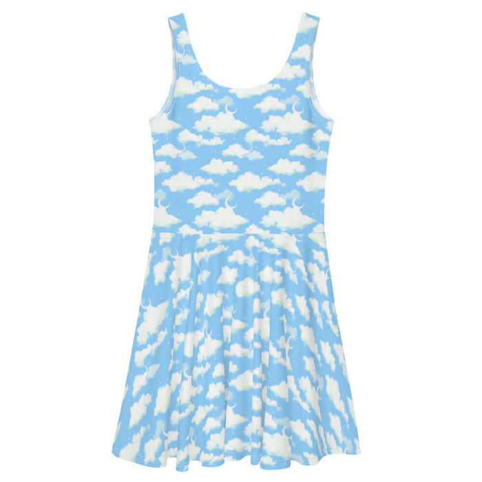 Cloudy Sky kawaii skater dress in blue with fluffy clouds and a crescent moon