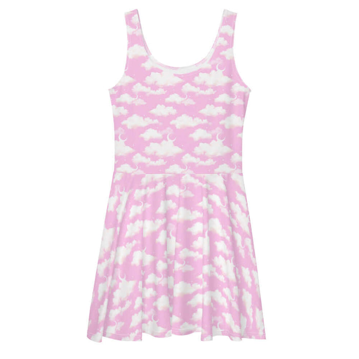 Cloudy Sky kawaii skater dress in pink with puffy clouds and sprinkled stars