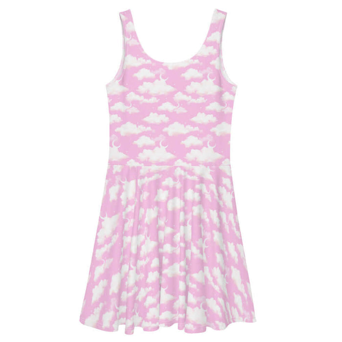 Cloudy Sky kawaii skater dress in pink with crescent moons and soft clouds