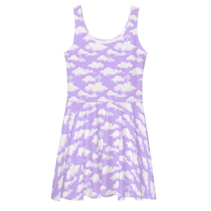 Cloudy Sky kawaii skater dress in purple gradient with white clouds and tiny stars