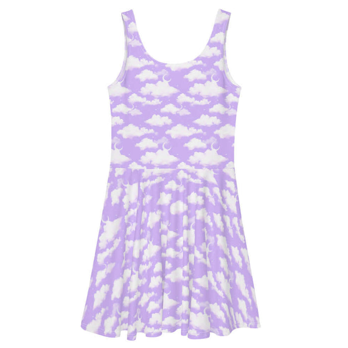 Cloudy Sky kawaii skater dress in purple gradient with fluffy cumulus clouds and crescent moons