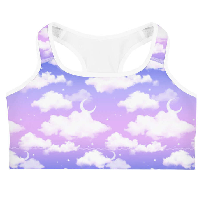 Cloudy Sky kawaii sports bra with puffy white clouds and crescent moons on a pastel sky