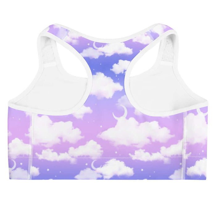 Cloudy Sky kawaii sports bra with crescent moons and scattered stars on a pastel sky