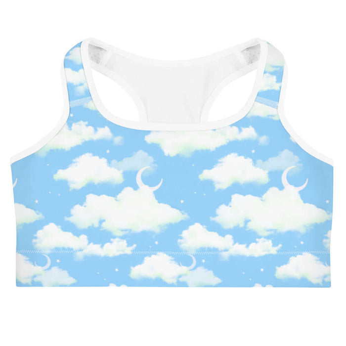 Cloudy Sky kawaii sports bra with drifting clouds and tiny stars on a pastel sky