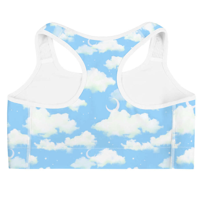 Cloudy Sky kawaii sports bra with fluffy clouds and a crescent moon on a pastel sky